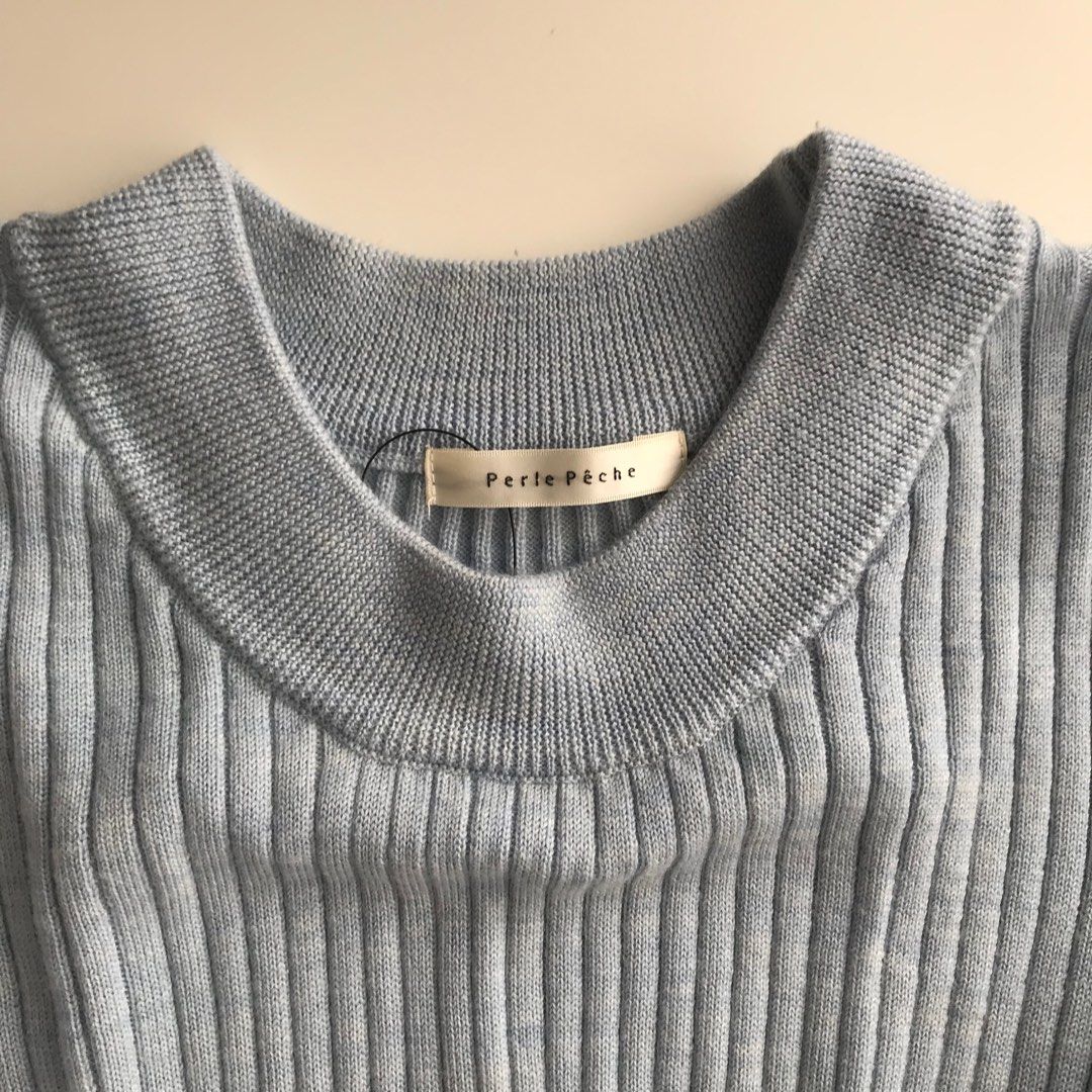 baby blue knitted long sleeve top (Category: Longsleeves) located in Marikina City. Submitted by naglr (Listing ID 1389558017, Image 2). Description: ✱ bought from a thrift shop in japan ✱ never worn ✱ super pretty 🥹 very high-quality knit material ✱ no when worn photo for this item.
