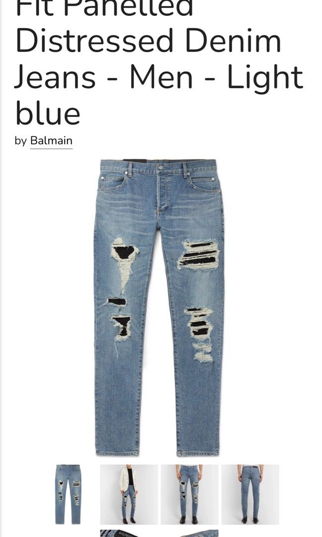 Balmain Distressed Jeans (Category: Jeans) located in Manila. Submitted by secondhandgemsz (Listing ID 1389514661, Image 2). Description: Size 30-31W x 40L x 6.5 Hem Good as New No Flaws.