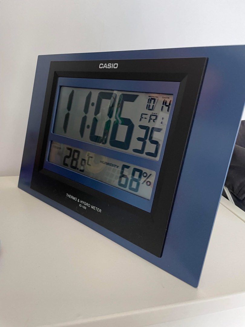 Casio Digital Clock ID16S-2 (Category: Clocks) located in Manila. Submitted by seikowatchfactory (Listing ID 1389586588, Image 2). Description: Brand New in Box Authentic Casio Wall Clock 10/10 Model: ID-16S-2 Price: 3495 pesos Specifications: Case Size: 195 x 290 x 24mm Weight: 465g Case/Bezel material: Resin Approx. battery life: 12 months on R6P X 2 Hygrometer Thermometer Auto-Calendar (to year 2099) 12/24 hour format Seller is Authorized Deal