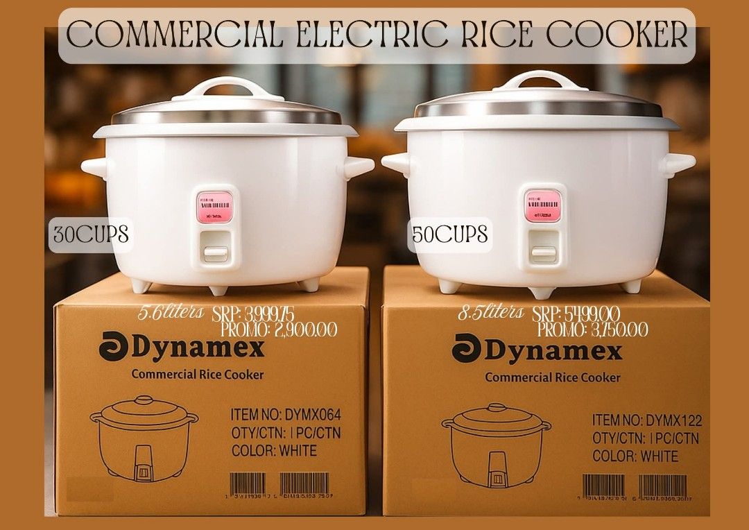 ELECTRIC RICE COOKER (Category: Cookware & Accessories) located in Manila. Submitted by cartelcomnl (Listing ID 1389628949, Image 1). Description: Restaurant use rice cooker, heavy duty, high quality , direct supplier. Heavy duty commercial rice cooker White Electric Rice Cooker 5.6L/ 30cups, 8.5L/ 50cups- Dynamex Message us for more info..