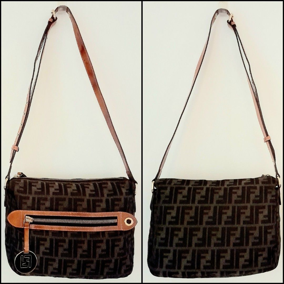 Fendi Zucca Crossbody Bag (Category: Luxury Bags & Wallets) located in Quezon City. Submitted by lovedlux (Listing ID 1389625482, Image 2). Description: Logos are back! Signature Fendi fabric including lining Two inside pockets H 22cm x W 26cm x D 8cm Adjustable strap With original dustbag Last pic for pre-owned price reference Selling cheap, minor stains on patent leather due to storage.