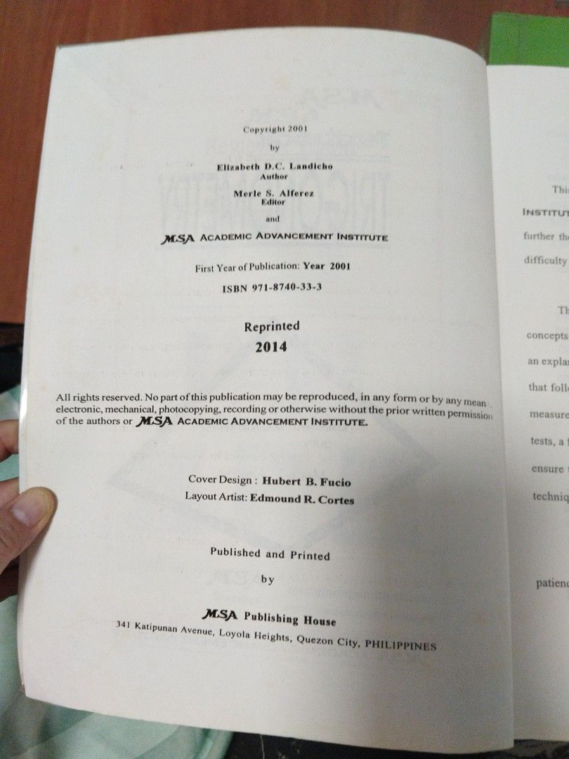 Grade 9 MSA Books Trigonometry Algebra (Category: Textbooks) located in Marikina City. Submitted by PickClickShip (Listing ID 1389544683, Image 3). Description: Item 1-MSA Trigonometry @P100 (10% with writings or answer on some pages) with tear or missing pages at the end(9 pages answer sheets) Item 2- MSA Advance Algebra @ P250 (no writings, no tear, no missing pages).