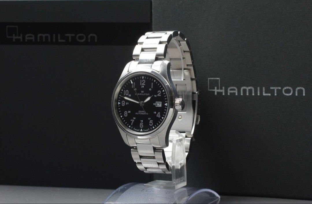 Hamilton Khaki x Nano Universe (Category: Luxury Watches) located in Quezon City. Submitted by wild.deesee (Listing ID 1389589881, Image 3). Description: Limited Edition Hamilton Khaki Field x Nano Universe Limited Edition (H89305933) Price: P39,999 Condition: 9/10 Bracelet: 9/10 Ref No.: H89305933 Case material: Stainless Steel Case Dia: 40 mm Water resistance 10 ATM Lug width: 20 mm Black Dial Automatic Movement w/ manual w/ original box Pickup