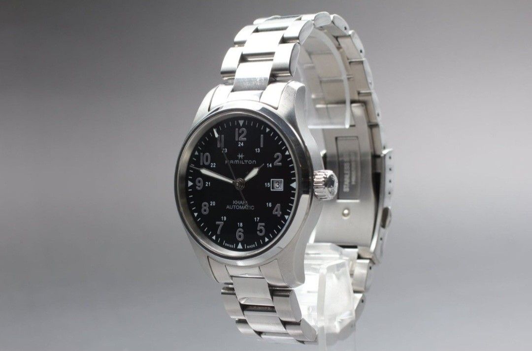 Hamilton Khaki x Nano Universe (Category: Luxury Watches) located in Quezon City. Submitted by wild.deesee (Listing ID 1389589881, Image 2). Description: Limited Edition Hamilton Khaki Field x Nano Universe Limited Edition (H89305933) Price: P39,999 Condition: 9/10 Bracelet: 9/10 Ref No.: H89305933 Case material: Stainless Steel Case Dia: 40 mm Water resistance 10 ATM Lug width: 20 mm Black Dial Automatic Movement w/ manual w/ original box Pickup