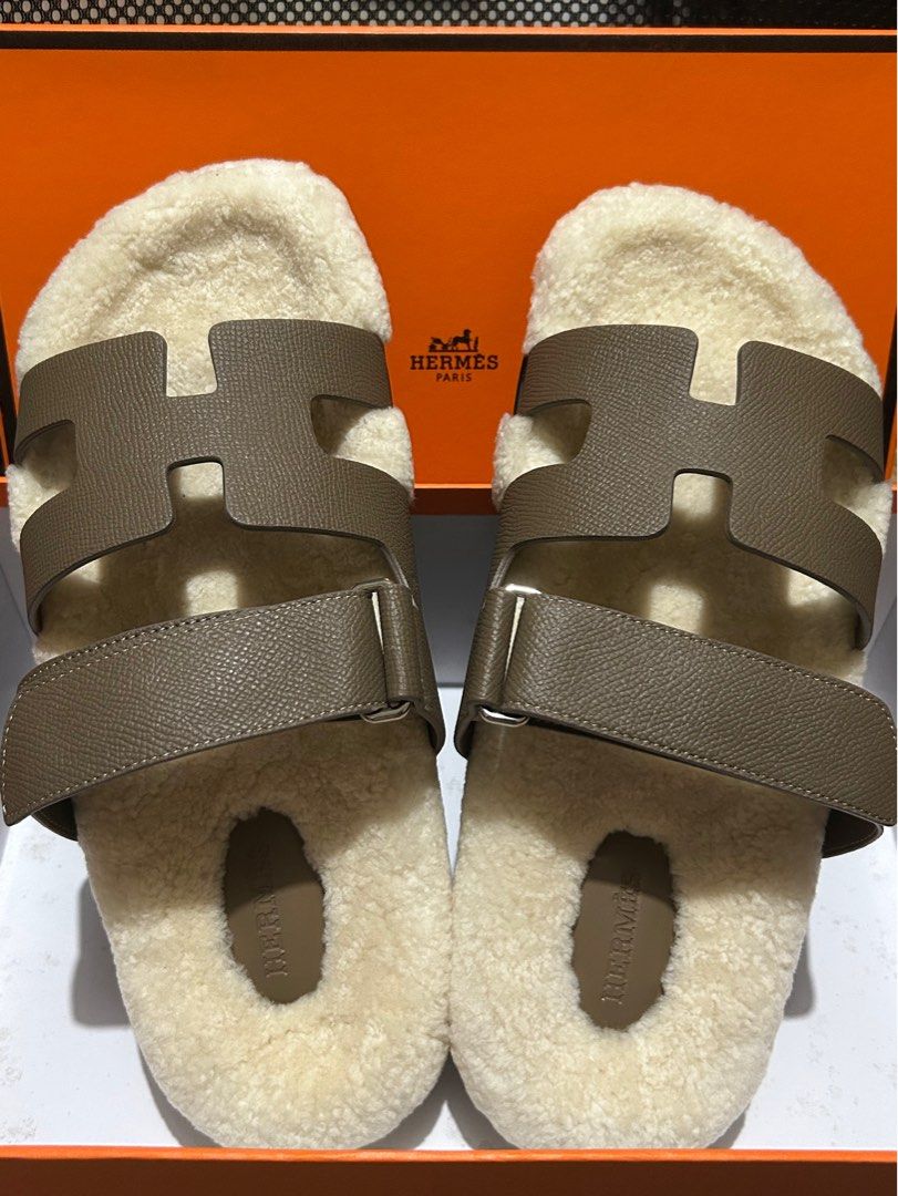 (NO BOX) Hermes Chypre Sandals - Epsom with Woolskin (Size 40) (Category: Sneakers & Footwear) located in Manila. Submitted by rl_lux (Listing ID 1389643280, Image 1). Description: Hermes Chypre Sandals Epsom with Woolskin Size 40 - CAN FIT UP TO SIZE 41 Inclusions: None.