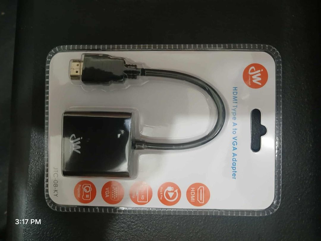 Jw concept - HDMI Type A to VGA Adapter (Category: Chargers & Cables) located in Caloocan City. Submitted by sellaton3000 (Listing ID 1389572175, Image 1). Description: Easily connect your HDMI-enabled devices to VGA displays with this JW Concept HDMI Type A to VGA Adapter. Ideal for projectors, monitors, and older displays, this compact plug-and-play adapter delivers smooth video transmission without the need for additional drivers or power sour