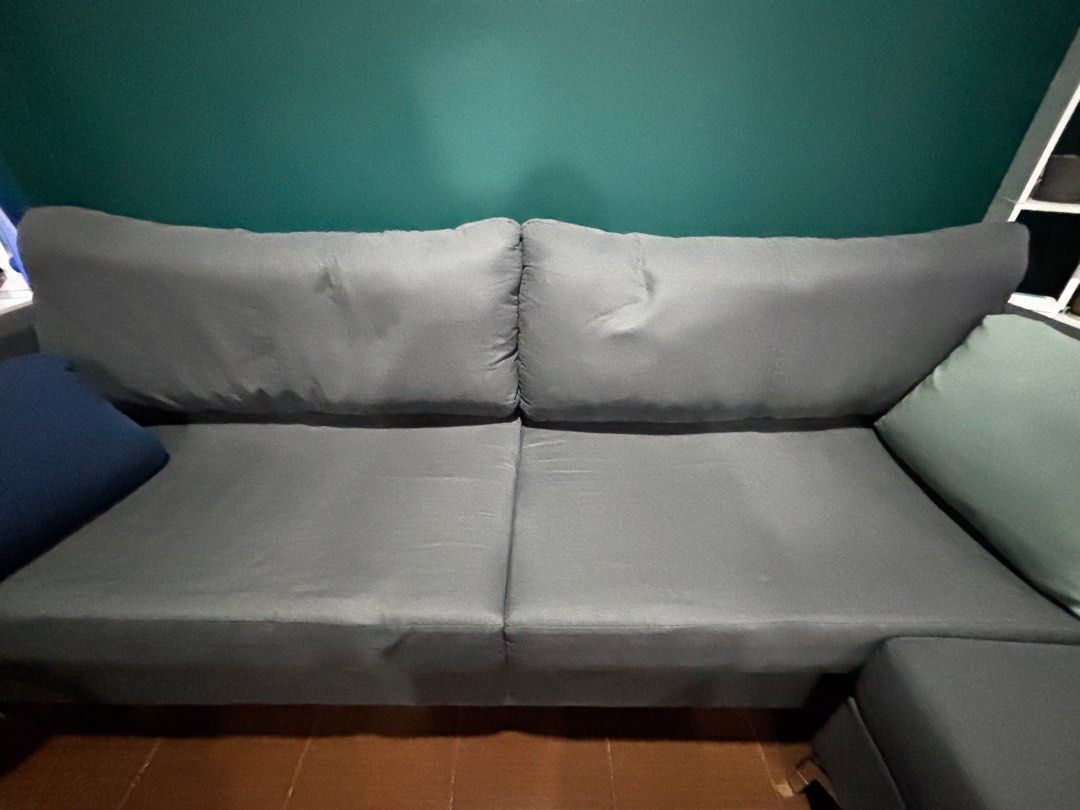 3 seater sofa with ottoman (Category: Sofas) located in Pasig City. Submitted by cathddm (Listing ID 1347316394, Image 2). Description: 3 seater sofa with ottoman from Mandaue foam Color of fabric is bristol gun Bought last Aug 2023 Price negotiable With free sofa covers .
