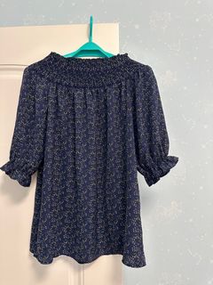 清貨！深藍色碎花雪紡五分袖上衣襯衣64211781939713110