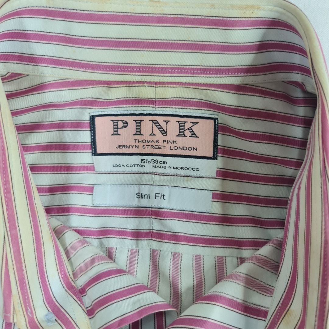 * * Thomas Pink - Declutter Sale 005 * * (Category: Formal Shirts) located in Quezon City. Submitted by jkr_kenshin (Listing ID 1384561934, Image 3). Description: Pre Loved Authentic Thomas Pink Item is used. Boxed and stored for a year Size is posted in the picture ______________________________ Stripes / Vintage Slim Fit Made in Morocco M (Medium) ______________________________ R E A D C A R E F U L L Y First to pay get the item Pay within 24hr