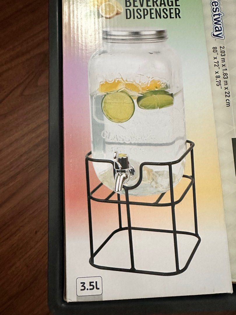 Beverage Glass Dispenser 3.5L (Category: Pitchers & Dispensers) located in Manila. Submitted by ef642543 (Listing ID 1384459550, Image 1). Description: Beverage Glass Dispenser 3.5L 3.5L Glass Water Jug with Faucet and Metal Stand.