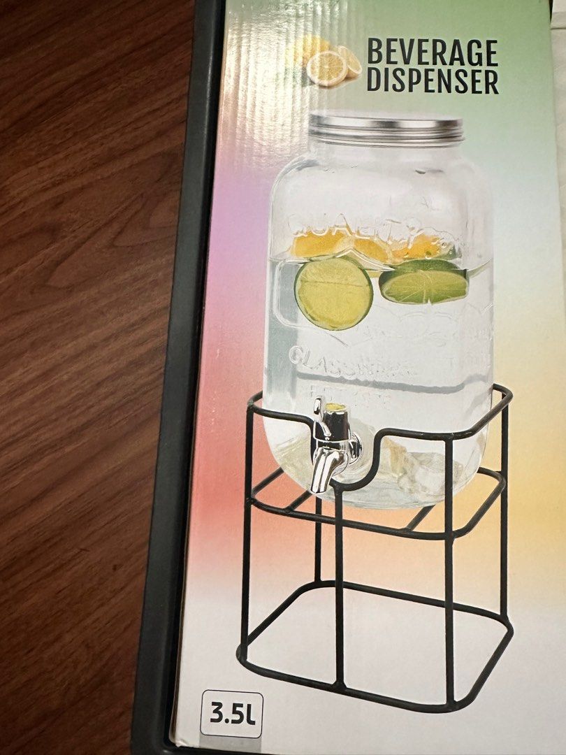 Beverage Glass Dispenser 3.5L (Category: Pitchers & Dispensers) located in Manila. Submitted by ef642543 (Listing ID 1384459550, Image 2). Description: Beverage Glass Dispenser 3.5L 3.5L Glass Water Jug with Faucet and Metal Stand.