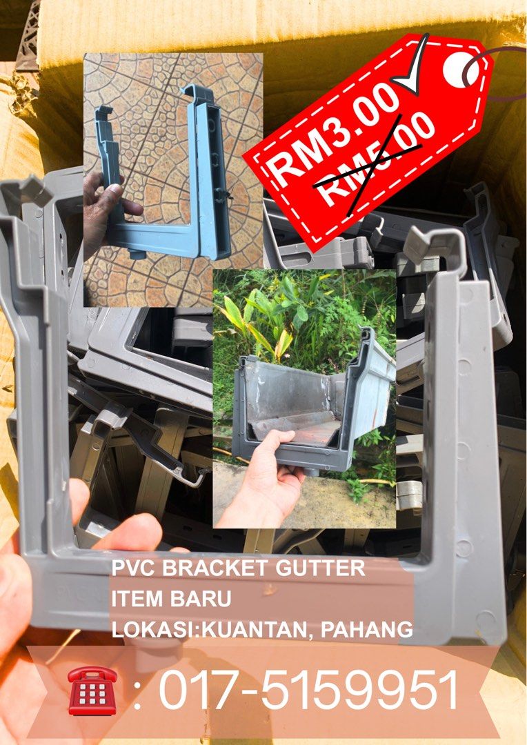 PVC Bracket Gutter (Category: Outdoor Furniture) located in Kuantan. Submitted by askswat (Listing ID 1384489081, Image 1). Description: PVC Bracket Gutter Item Baru Rm3/pcs.