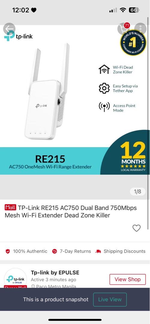 TPlink Wifi Extender (Category: Networking) located in Manila. Submitted by pmarganda (Listing ID 1384461847, Image 2). Description: Origina price is 976 in the orange app.