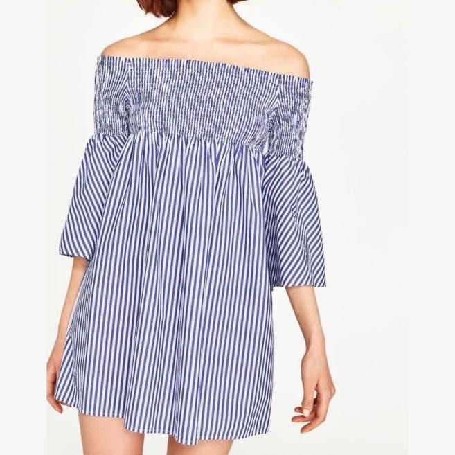 ZARA Striped Off Shoulder Dress (Category: Dresses) located in Taguig. Submitted by _nicsss (Listing ID 1384510347, Image 1). Description: M on tag but can fit to S-M (strechy).
