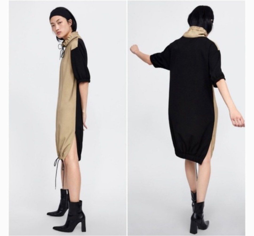 ZARA Colorblock Drawstring Dress (Category: Dresses) located in Marikina City. Submitted by kimkawaii (Listing ID 1384504905, Image 2). Description: RFS: declutter Authentic Zara Bought it in a thrift store in Dubai Size: S (can fit up to size M) Two Toned Dress (Black/Tan) Drawstring at bottom and at neck Slits on sides Cowl neck Fabric: Polyester, elastane Super unique design Issue: drawstring at the bottom was cut and the drawstring cord stopp