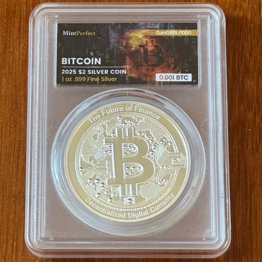 可兌現0.001比特幣精鑄銀幣1盎司- 2025 1oz NZD $2 Bitcoin .999 Silver Proof Coin with  Redeemable 0.001 Bitcoin (Mint Perfect Sealed Holder), 興趣及遊戲, 收藏品及紀念品, 錢幣-  Carousell