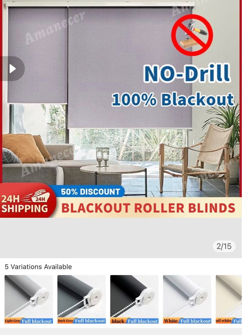 2 pcs Black out Blinds 60x160 cm (Category: Curtains & Blinds) located in Pasig City. Submitted by katetatin (Listing ID 1389783225, Image 3). Description: RFS: Wrong size sa window namin Can be installed with no drill (with sealant).