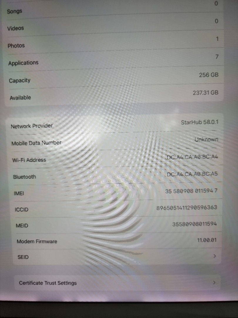 (Category: iPad) located in Singapore. Submitted by BakedWithLove (Listing ID 1389701172, Image 2). Description: - iPad with 256GB storage - Available space: 237.31GB - In like new condition - Please view images for details - Not come with other accessories .