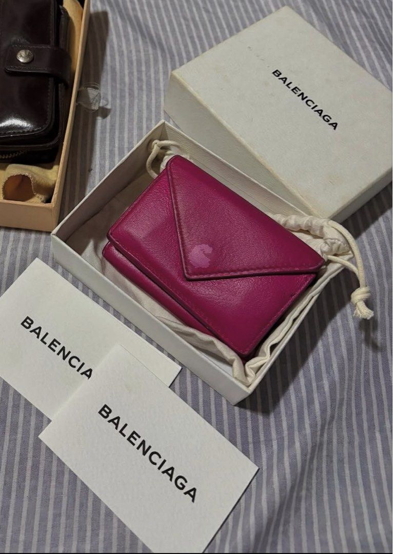 Authentic Balenciaga Papier mini trifold leather wallet (Category: Luxury Bags & Wallets) located in Cavite. Submitted by cbmae (Listing ID 1389828447, Image 1). Description: comes with box, cards, and dust bag with slightly color fade and pen marks, no damage.