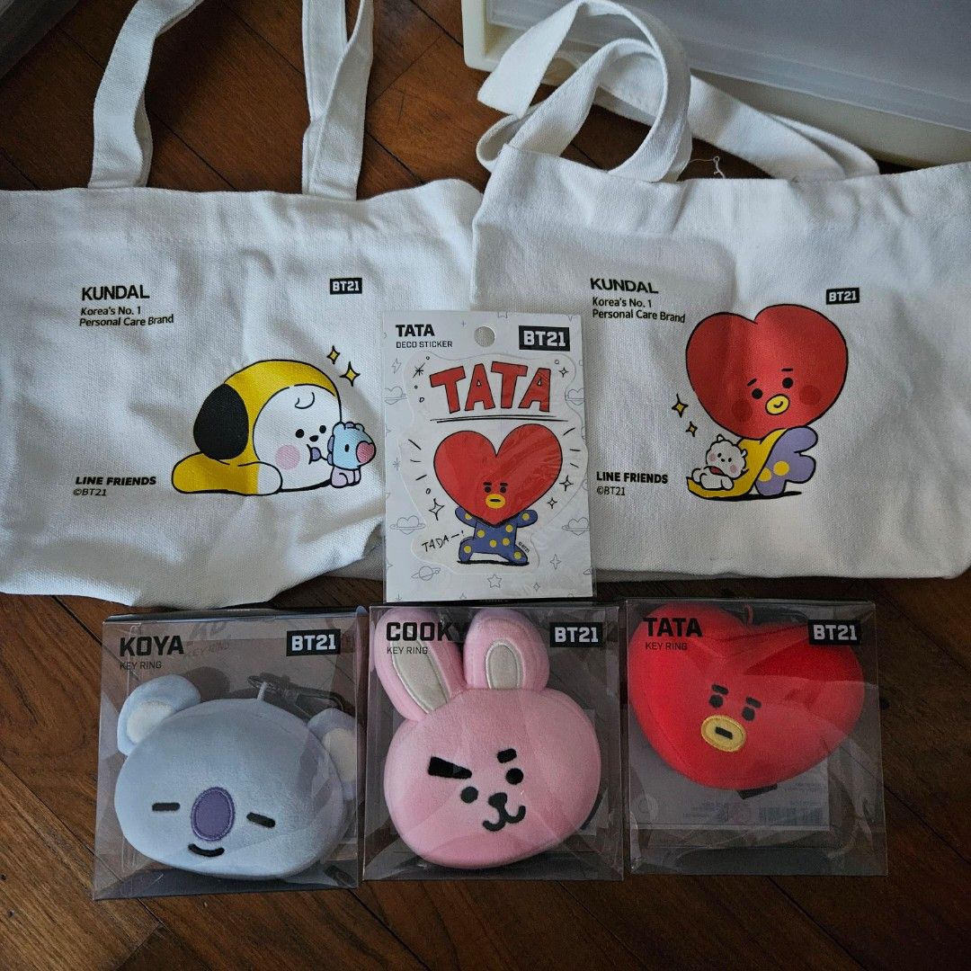 BT21 Bundle (Category: J-Wave Merchandise) located in Singapore. Submitted by wanglexi (Listing ID 1389773713, Image 1). Description: Includes: - 2 Kundal Chimmy & Tata Mini Tote Bags - 1 Tata Sticker - 1 Koya Plush Keychain - 1 Cooky Plush Keychain - 1 Tata Plush Keychain.