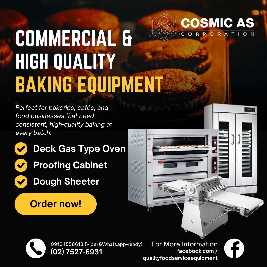 COMMERCIAL & HIGH QUALITY BAKING EQUIPMENT (Category: Looking For) located in Manila. Submitted by cosmicmachineries (Listing ID 1389677800, Image 1). Description: 🔥 BAKING MADE EASY! 🔥 Upgrade your kitchen with our High-Quality Baking Equipment – built for efficiency, durability, and consistent results! 🍞🥐🍰 ✨ Perfect for bakeries, cafés, and home bakers who want professional results. ✨ Energy-efficient, user-friendly, and long-lasting. ✨ Av