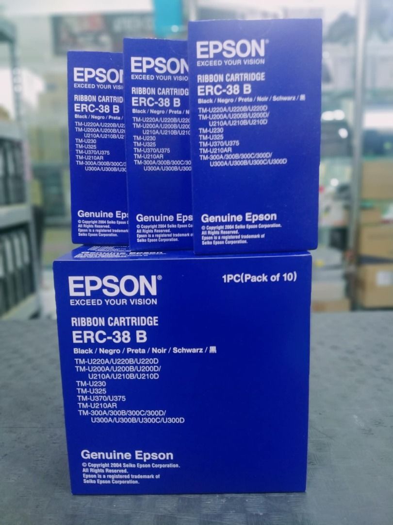 EPSON RIBBON CARTRIDGE ERC-38 B (Category: Printers, Scanners & Copiers) located in Quezon City. Submitted by nearlink2013 (Listing ID 1389700941, Image 3). Description: FOR SALE! Epson Ribbon Cartridge ERC-38B Original Details about Box of 10 Genuine Epson ERC-38B Black Printer Ribbon Cartridges Product Information The Black Ribbon (10343812628) for Epson printer has a very long life and excellent character definition. It has a ribbon which is s