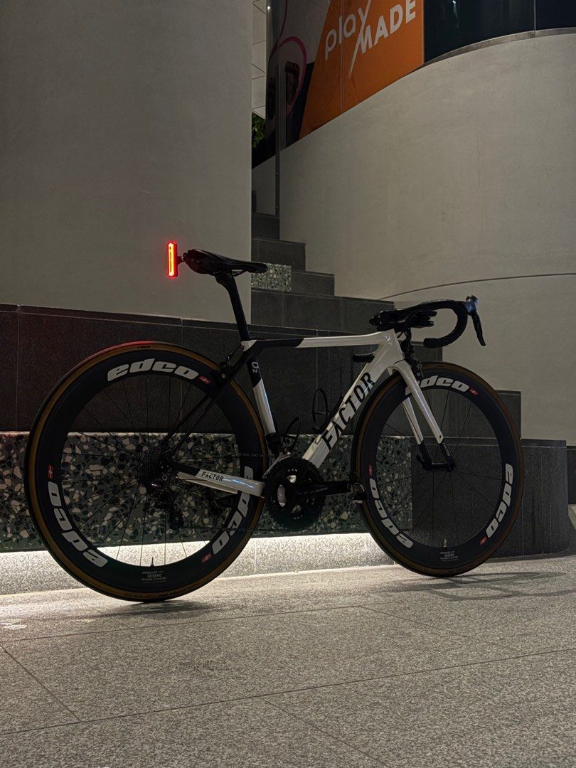 Factor o2 (Category: Bicycles) located in Singapore. Submitted by laohiagragin (Listing ID 1389846130, Image 3). Description: frameset has paint chips recently changed cables specs: -Factor o2 authentic frame (49) - Fisik antares r3 saddle -black inc seatpost -105 crank with power meter - 11 speed ultegra di2 -the one integrated handlebar 360x100 - ultegra front brake -105 rear brake -kmc chain - plastic bottle cage - ceramic speed bb ___________