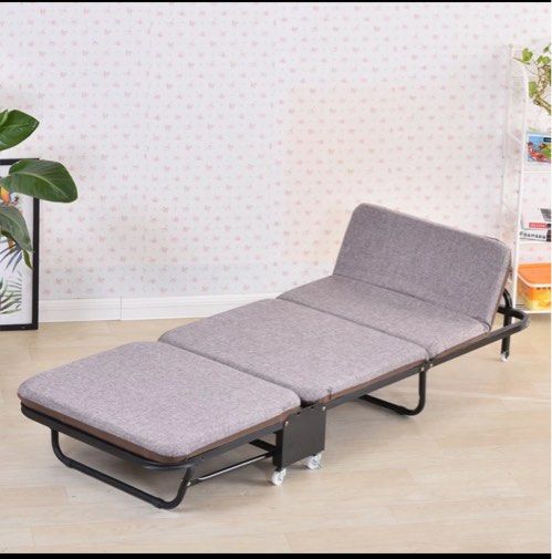 Foldable bed (Category: Bed Frames & Mattresses) located in Singapore. Submitted by ninri (Listing ID 1389841285, Image 1). Description: Grey Thickened 3-fold bed Easy fold Size: 75cm 180x75x26 Folded: 33x75x69 Great for temporary set-ups, guest accomodations, for helpers too Bought at $98 Negotiable.