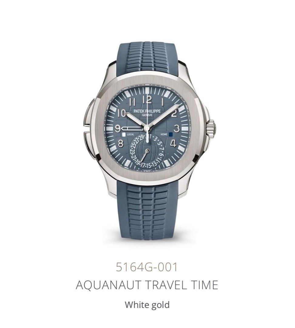 Patek Philippe Aquanaut Travel Time 5164G-001 (Category: Watches) located in Singapore. Submitted by johnlv888 (Listing ID 1389832659, Image 1). Description: - Patek Philippe Aquanaut Travel Time 5164G-001 - White gold case - Blue rubber strap - Travel time function - Exhibition case back (view of movement) - Exceptional timepiece Dial Opaline blue-gray, embossed Aquanaut pattern, white gold applied numerals with white luminescent coating. Local 