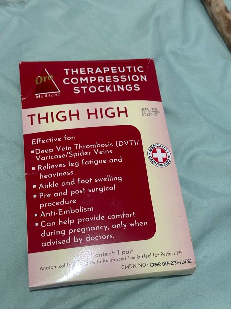 Therapeutic compression stockings (Category: Medical Supplies & Tools) located in Manila. Submitted by jamesgmd (Listing ID 1389795775, Image 1). Description: Tried on once but not used due to wrong size Bought for 800+ Brand: Oro Medical Open toe, thigh high, skintone Size XXL RFS WRONG SIZE.
