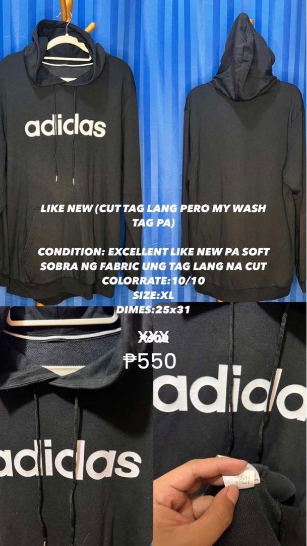 Adidas hoodie super soft fabric (Category: Coats, Jackets and Outerwear) located in Pasig City. Submitted by perez19 (Listing ID 1389959850, Image 1). Description: Like new Adidas hoodie (missing tag) But meron wash tag to prove its legit Size XL American size See photos for details 100% legit Can do lalamove and j&t Can do vcall on for assurance of the buyer that im 100% legit seller.