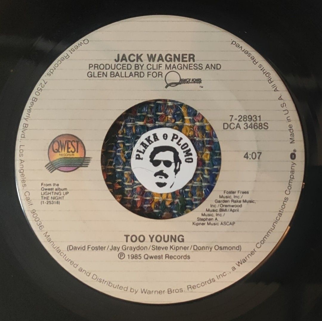 Jack Wagner - Too Young 7" Vinyl Record (Category: Vinyls) located in Quezon City. Submitted by plaka.o.plomo (Listing ID 1389918091, Image 1). Description: Artist(s) : Jack Wagner Song(s) : Too Young / Remember Me Laughing Year : 1985 Media : VG+ Color : Black Sleeve : Generic Company Sleeve No. : 1x Vinyl Size : 7" RPM : 45 Country : US Catalog No. : 7-28931 Tracklist : - Side A 1. Too Young 4:07 - Side B 1. Remember Me Laughing 3:46 Notes : Cl