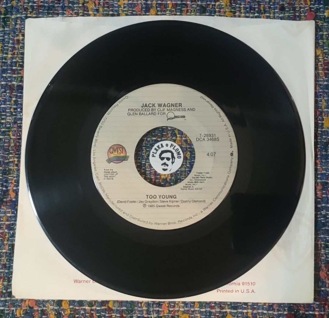 Jack Wagner - Too Young 7" Vinyl Record (Category: Vinyls) located in Quezon City. Submitted by plaka.o.plomo (Listing ID 1389918091, Image 2). Description: Artist(s) : Jack Wagner Song(s) : Too Young / Remember Me Laughing Year : 1985 Media : VG+ Color : Black Sleeve : Generic Company Sleeve No. : 1x Vinyl Size : 7" RPM : 45 Country : US Catalog No. : 7-28931 Tracklist : - Side A 1. Too Young 4:07 - Side B 1. Remember Me Laughing 3:46 Notes : Cl