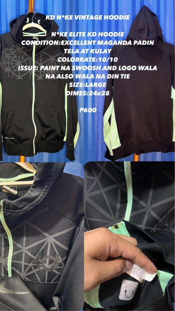 Kd elite hoodie zip up (rare) (Category: Coats, Jackets and Outerwear) located in Pasig City. Submitted by perez19 (Listing ID 1389961876, Image 1). Description: Like new Issue kd and swoosh only paint KD HOODIE ZIP UP SIZE LARGE See photos for details 100% legit Can do lalamove and j&t Can do vcall on for assurance of the buyer that im 100% legit seller.