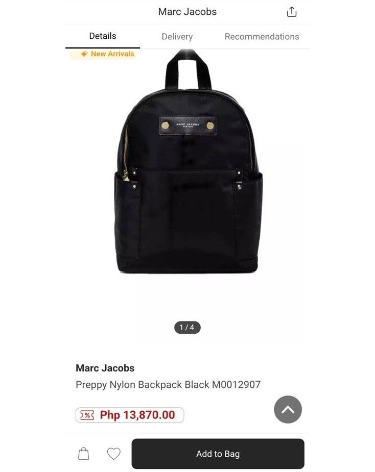 MARC JACOBS PREPPY MEDIUM BACKPACK (Category: Luxury Bags & Wallets) located in Bacolod City. Submitted by bt_ph (Listing ID 1389873753, Image 2). Description: AUTHENTIC 100 % Made in Indonesia Materials: 100% nylon with PVC trim Gold plated accessories Excellent Condition with small fade on text.