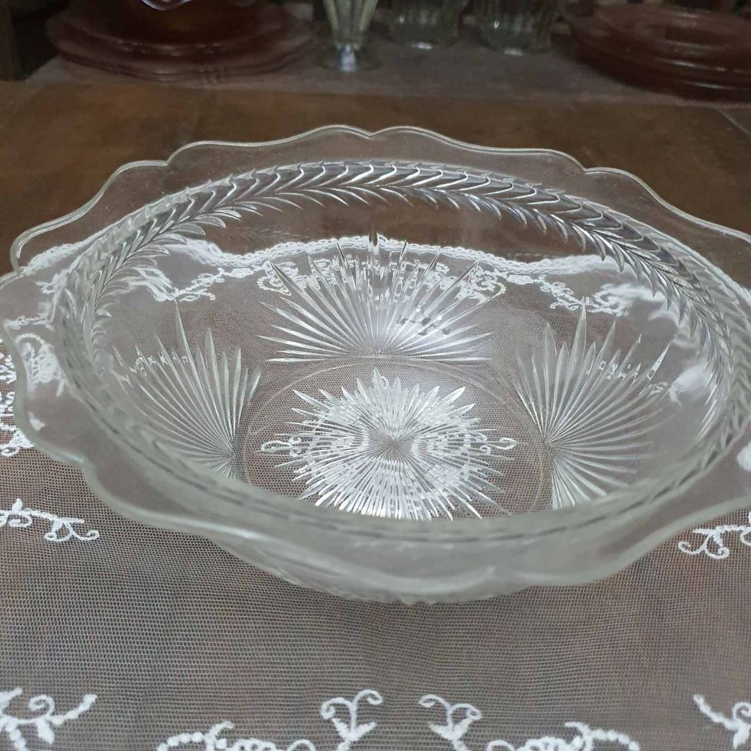 Rare Depression Glass in Sunburst Pattern (Category: Dinnerware & Cutlery) located in Pasig City. Submitted by fine.finds (Listing ID 1389937468, Image 1). Description: This is a Sunburst Clear Depression Glass Serving Platter crafted by Jeannette Glass in the 1930s era. Its central sunburst motif radiates through a scalloped rim, turning everyday serving into a luminous display piece - perfect for both nostalgic collectors and stylish hosts alik
