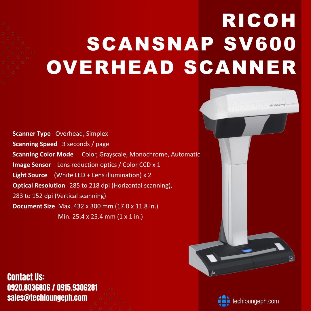 RICOH ScanSnap SV600 Document Scanner, Overhead, Simplex, 3secs per page (Category: Printers, Scanners & Copiers) located in Quezon City. Submitted by techloungeph (Listing ID 1389001886, Image 1). Description: RICOH SCANSNAP SV600 Over-Head Document Scanner Php 45,990 Scanner Type Overhead, Simplex Scanning Speed 3 seconds / page Scanning Color Mode Color, Grayscale, Monochrome, Automatic Image Sensor Lens reduction optics / Color CCD x 1 Light 