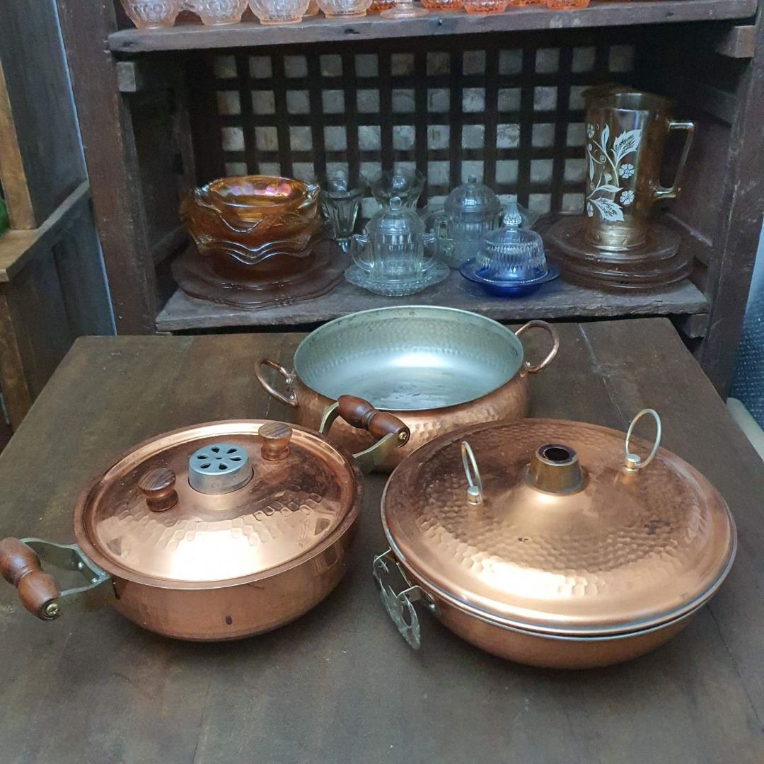 Set of 3 Copper Pots (Category: Cookware & Accessories) located in Pasig City. Submitted by fine.finds (Listing ID 1389945188, Image 1). Description: Crafted with timeless warmth, these vintage hammer-textured copper pots evoke the artistry of heritage - each piece reflecting a beautifully storied history. Whether showcased on a rustic shelf or used in seasonally mindful cooking, their rich metal tones offer both aesthetic presence and vintage be