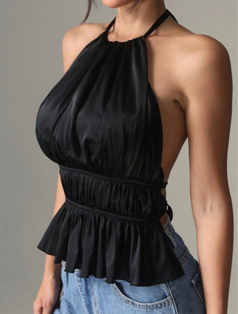 SHEIN black ruched backless top (Category: Others Tops) located in Batangas. Submitted by hellocedi (Listing ID 1389972193, Image 2). Description: Worn once only for dinner Size small and fit sa 5’4 Good deal .