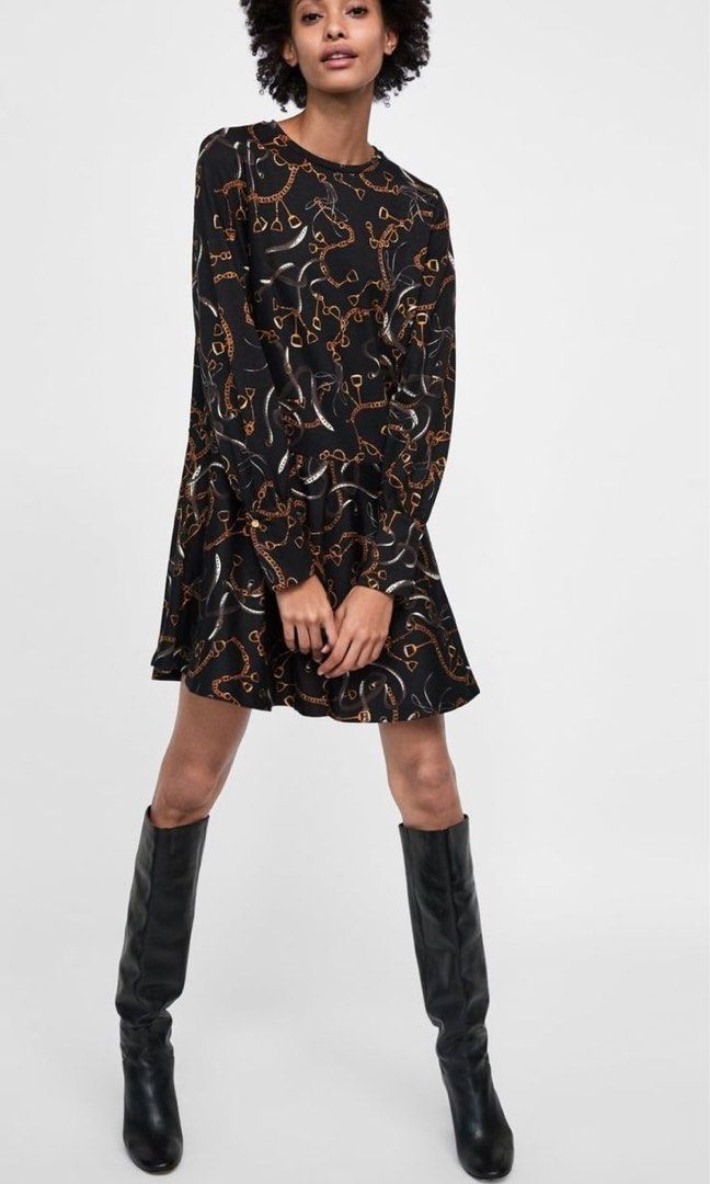 Zara ruffled black chain dress (Category: Dresses) located in Pasuquin. Submitted by licashop.ph (Listing ID 1389889398, Image 1). Description: Small on tag can fit up to medium size very like new!! free sf.