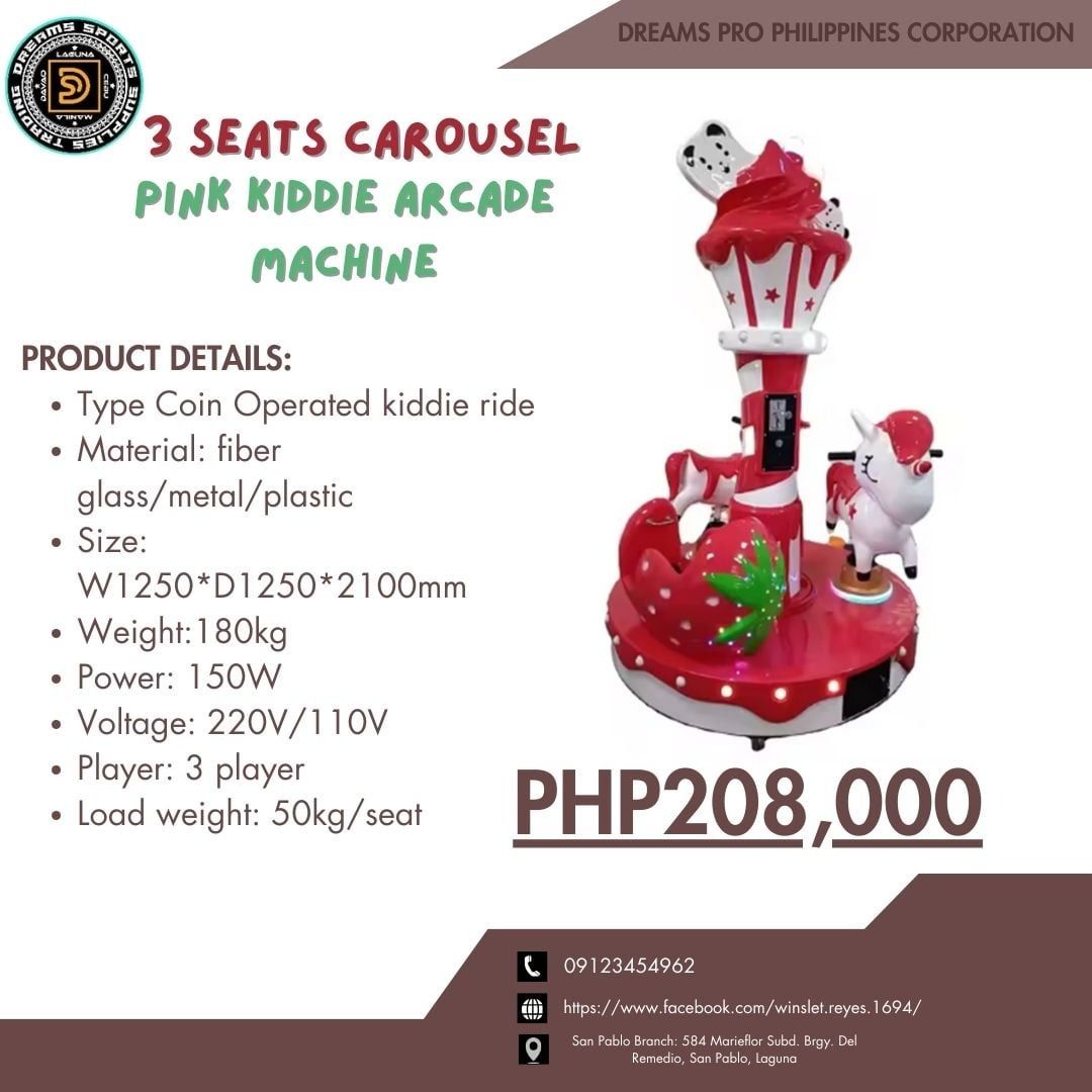 3 Seater Carousel Pink Kiddie Arcade Machine (Category: Kids Toys) located in San Pablo. Submitted by vennisa.sportssupplies (Listing ID 1384655971, Image 1). Description: 3 SEATS MINI CAROUSEL PINK KIDDIE ARCADE MACHINE NOTE: ON HAND AND READY TO DELIVER/PICK UP!! SPECIFICATIONS: 🍓Type: Coin Operated kiddie ride 🍓Material: fiber glass /metal/plastic 🍓Size: W1250*D1250*2100mm 🍓Weight: 180kg 🍓Power: 150W 🍓Voltage: 220V/110V 🍓Player: 3 playe