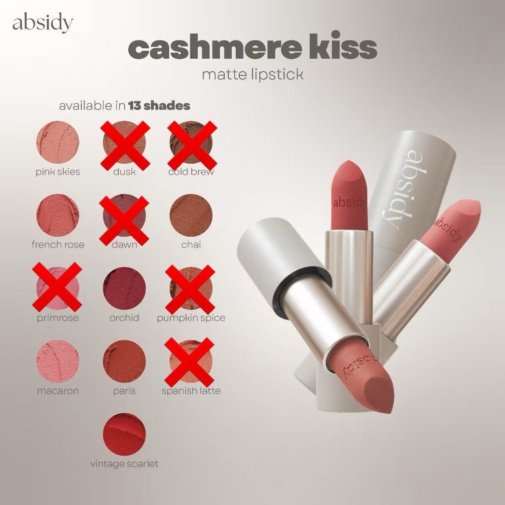 Absidy Cashmere Lipstick (Category: Makeup) located in Bulacan. Submitted by jjdyrt (Listing ID 1384653327, Image 3). Description: Absidy and Vice Co✨ brandnew and original 1. Vice Co Lip Oil - ₱100🏷️ (srp 245) - RASPBERRY FIZZ Fresh Pink - STRAWBERRY DREAM Playful Pink -MELON MAGIC Mellow Coral - WATERMELON CRUSH Poppy Red - MILKSHAKE YAM Soft Mulberry 2. Absidy Cashmere Lipstick - ₱200🏷️ (srp 395) - Pink Skies - French Rose - Chai - Orchid - 