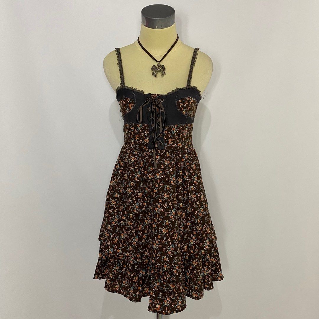 Teared Ribon Axes Femme Floral Tiered Ribbon Brown Dress Coquette Fairycore ...