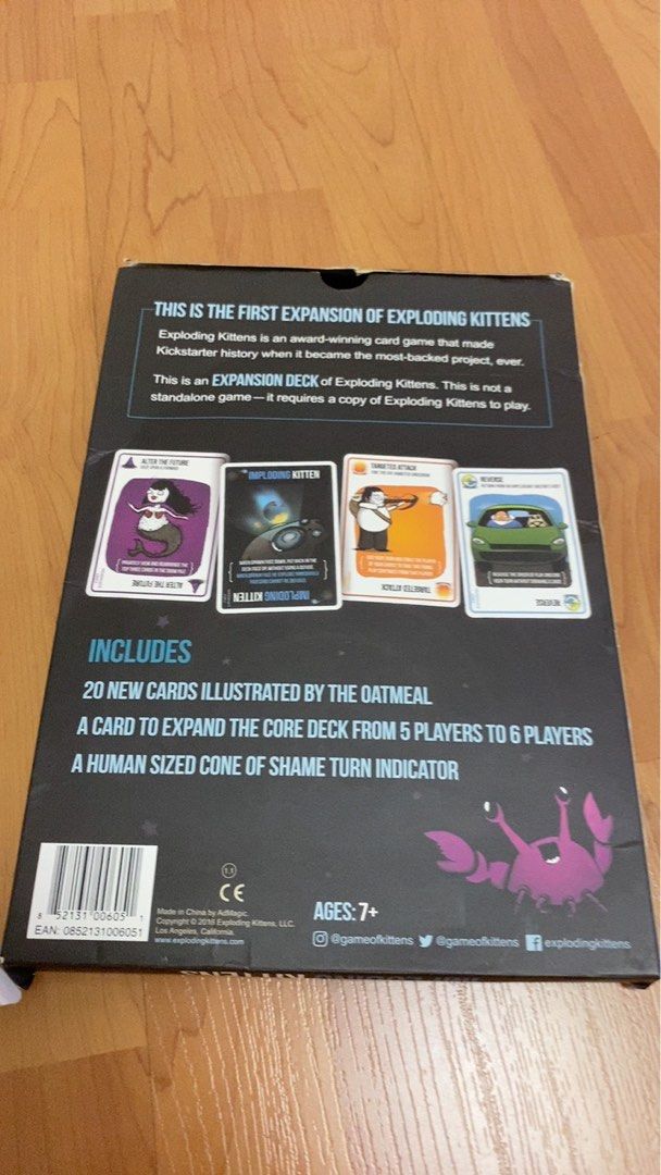 Imploding Kittens Expansion Pack for Exploding Kittens (Category: Board Games & Puzzles) located in Singapore. Submitted by lynramosp (Listing ID 1384773808, Image 2). Description: - Imploding Kittens expansion pack for Exploding Kittens. - Includes 20 new cards illustrated by The Oatmeal. - Adds support for a 6th player. - Features a human-sized Cone of Shame turn indicator. - Suitable for ages 7+..