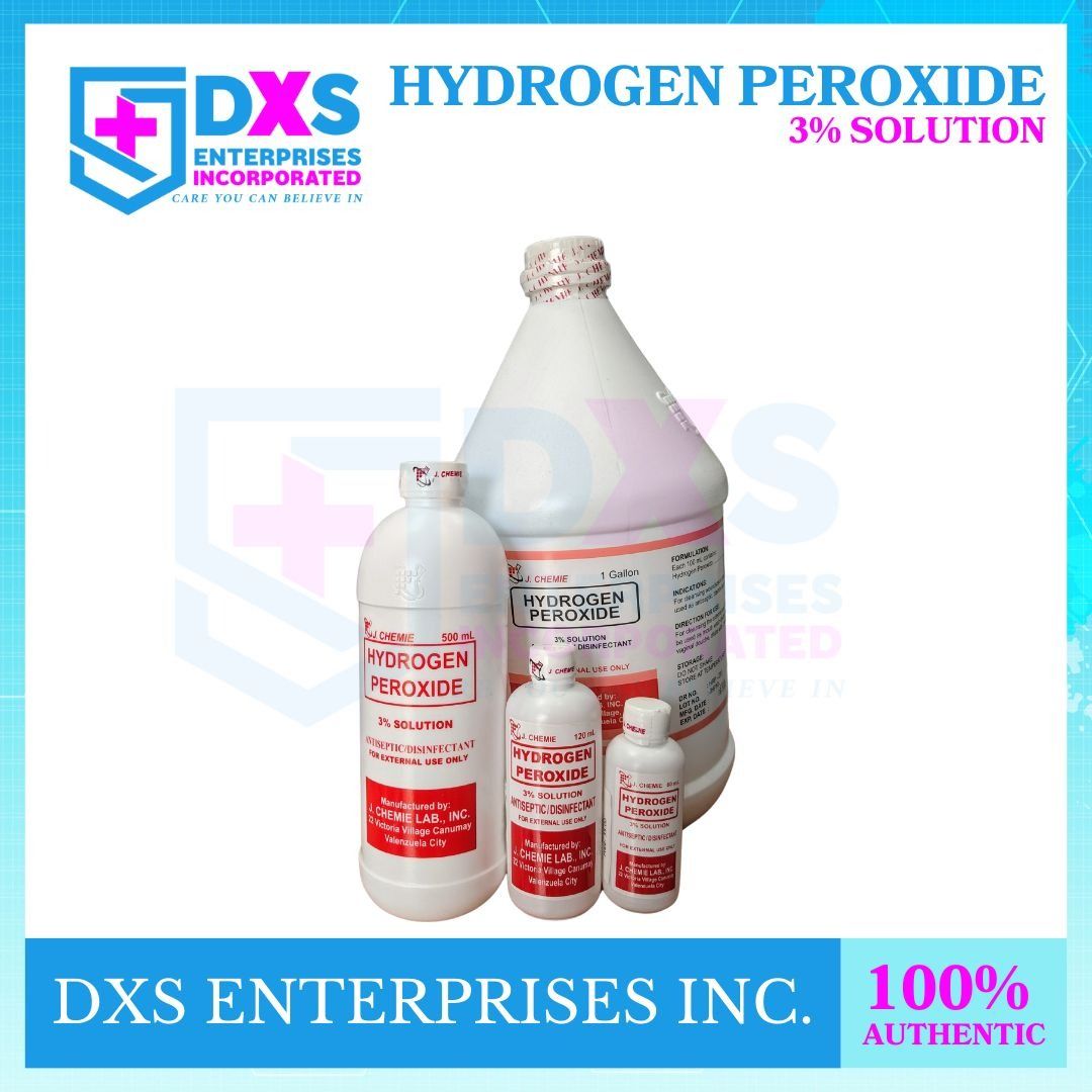 j.chemie HYDROGEN PEROXIDE 3% Solution (Category: Medical Supplies & Tools) located in Quezon City. Submitted by marketing_zyra (Listing ID 1384684818, Image 1). Description: J.CHEMIE HYDROGEN PEROXIDE 3% Solution Indications: For cleansing, dilute one part with an equal parts of water. For external ear cleansing, dilute one part with 6 parts of water. As mouthwash, dilute one part to five parts of water which is suitable only for use by adults a