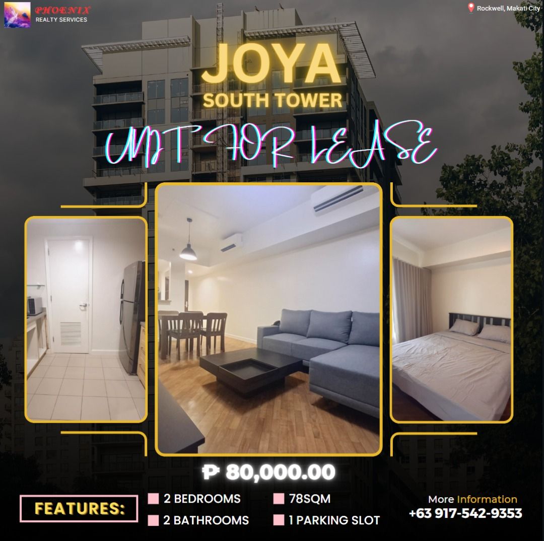 Joya South Tower (Category: Apartments & Condos) located in Taguig. Submitted by tesbahil2017 (Listing ID 1384734608, Image 1). Description: 🏢 For Lease 2-Bedroom Condo Unit in Joya South Tower at Rockwell, Makati City 🏢 🔥 Fully-Furnished | Spacious 78sqm 🔥 Unit Features: ✔️ 2 Bedrooms ✔️ 2 Bathrooms ✔️ 1 Parking ✔️ W/ Balcony and Laundry room 🔥🔥🔥 Price : Php 80,000.00 🔥🔥🔥 Conveniently Located Near: 📍 Power Plant Mall 📍 Ateneo Graduat