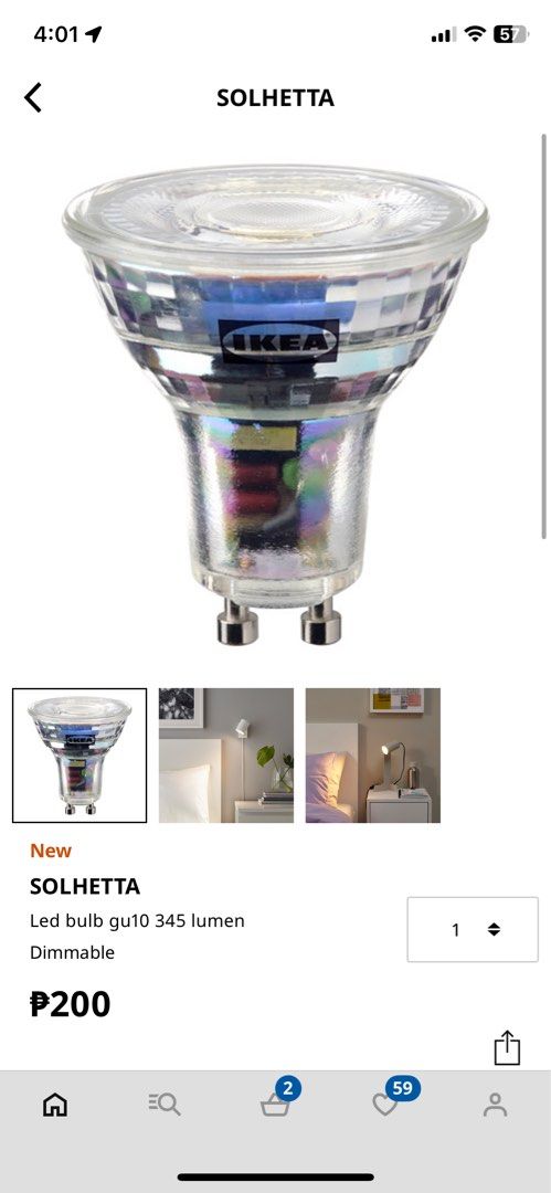 SOLHETTA LED bulb GU10 345 lumen, dimmable (Category: Electrical, Adaptors & Sockets) located in Mandaluyong City. Submitted by benzdumol (Listing ID 1384715003, Image 2). Description: RFS: Not the one that I needed for my candle warmer. LED bulb GU10 345 lumen, dimmable This energy-efficient and long-lasting LED light bulb has a lifetime of approximately 25,000 hours. It spreads a pleasant warm-white light that allows the room’s natural colors t