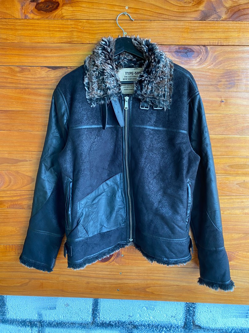 Vintage Edwin TYPE-505 Shearling Leather Jacket Black, Men's Fashion ...