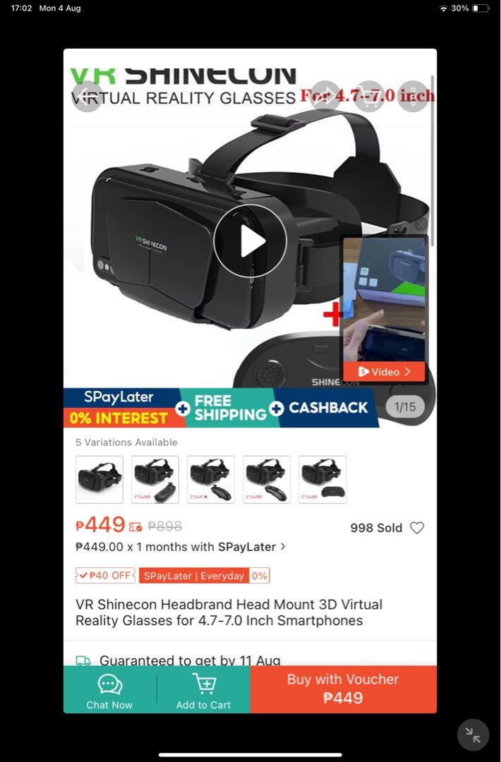 VR Shinecon Virtual Reality Goggles (Category: Virtual Reality) located in Quezon City. Submitted by shopaholicz111 (Listing ID 1384728133, Image 2). Description: VR Shinecon brand Virtual Reality Glasses for phone. Tried on only. No flaws. 400+ when bought online. RFS: Bought for school project but not needed anymore because delivered late.