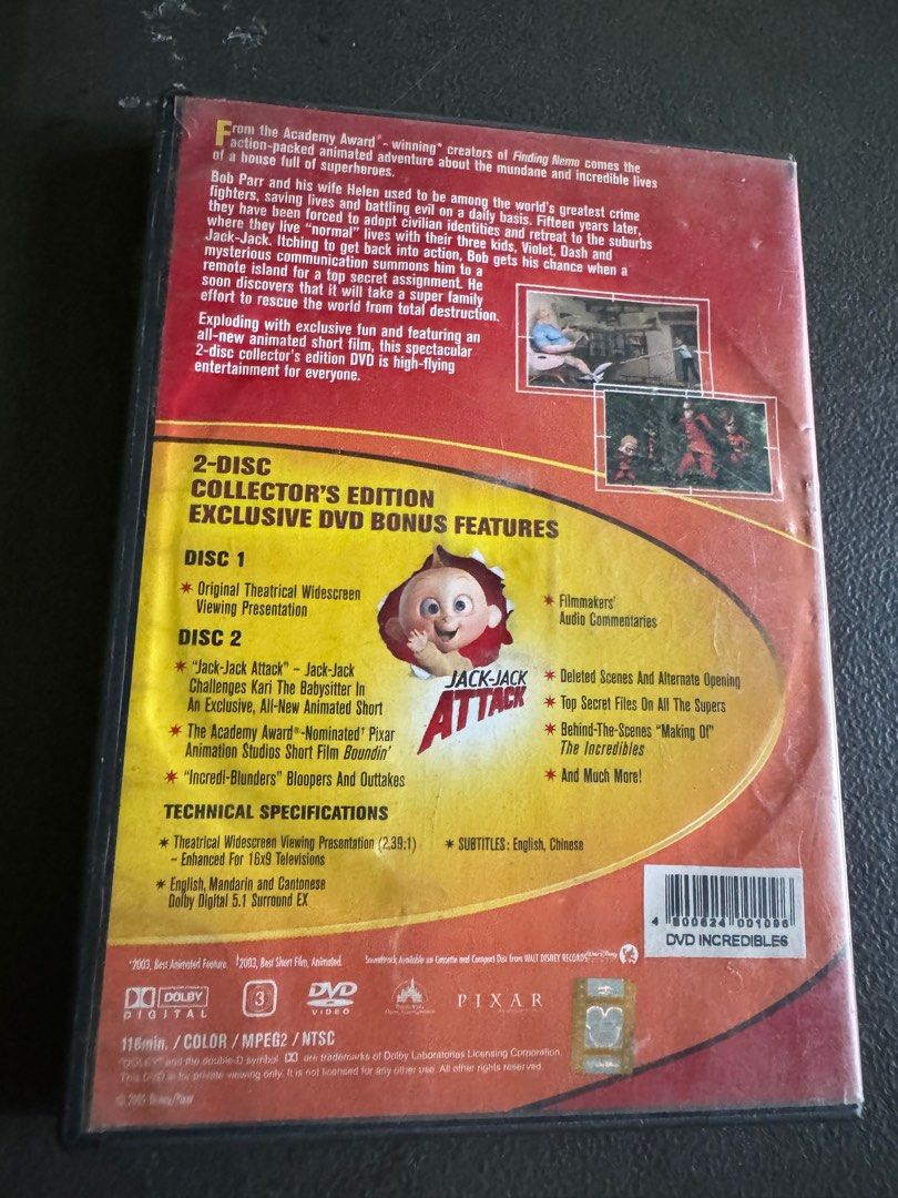 Walt Disney The Incredibles DVD (Category: CDs & DVDs) located in Quezon City. Submitted by happyreader (Listing ID 1384685821, Image 3). Description: Preloved, good condition Original DVD Some minor scratches but still readable.